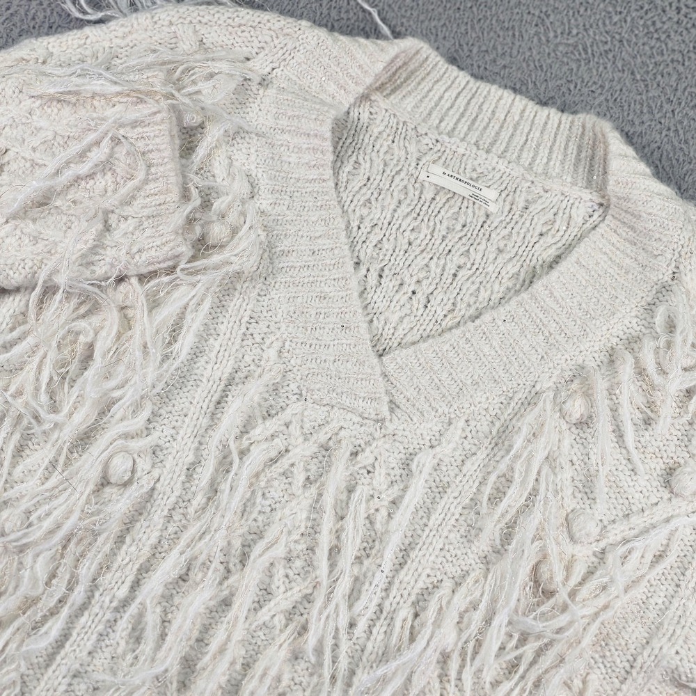 Anthropologie Sweater Womens Medium White Fringe Cable Knit V Neck Pullover Boho